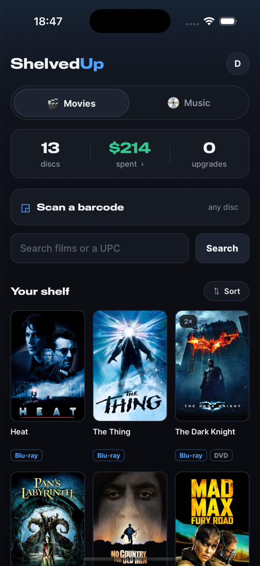 The ShelvedUp shelf: disc count, total spent, and a grid of film posters