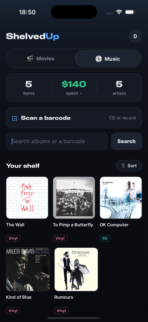 The music shelf showing albums with their formats